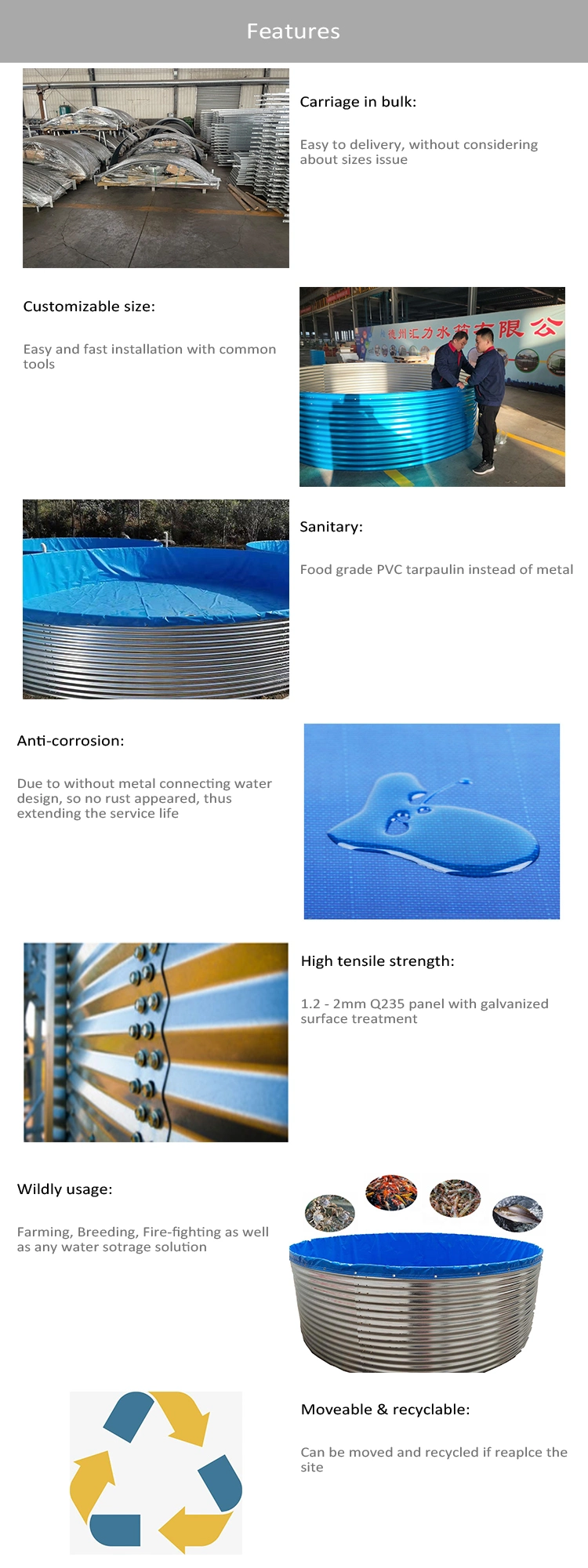 Corrugated Round Stock Tank with Roof Galvanized Bolted Cylindrical Water Storage Tank